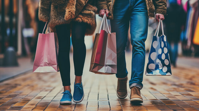 Close-up of the lower half of two shoppers walking with multiple colorful shopping bags in their hands