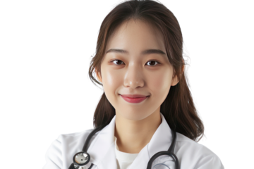 Portrait of smiling female doctor in white coat with stethoscope Isolated on transparent background.