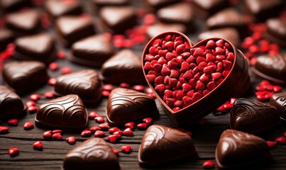Heart-shaped chocolate candies on a wooden background. Selective focus.