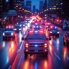 Fototapeta na wymiar Blazing lights of an emergency response vehicle cutting through the night on a wet urban street