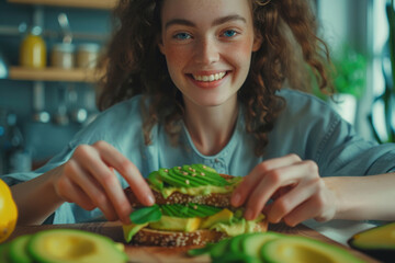 portrait of a girl, holding sandwiches with avocado, slices of vegetables on bread, vegetarian breakfast, preparing toast in the kitchen, proper nutrition for health