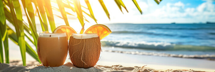 two cocktails in a coconut with a slice of orange, a summer cold drink with citrus fruit, standing on the beach on the sand on the shore against the background of the sea, under palm leaves