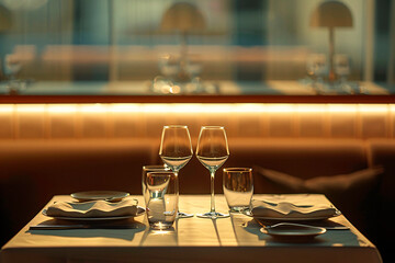 An image showcasing a beautifully arranged table setting for two in a luxurious restaurant with warm lighting