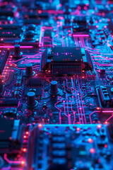 A close up of a computer chip with a blue and red background