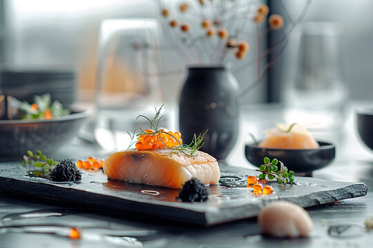 Exquisite sushi presentation with vibrant salmon roe and fresh garnish on a black slate at a high-end restaurant - Powered by Adobe