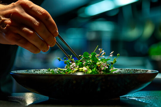 Close-up of a chef's delicate precision adding final green garnish to a beautifully plated dish