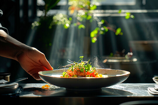 Sunlight highlights a chef's hands gently plating vibrant greens atop a sumptuous dish