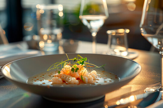 A plate of delicately arranged shrimp garnished with microgreens, served in a high-end dining atmosphere with warm lighting