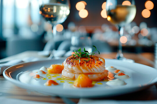 A meticulously prepared seafood dish enhanced by artistic plating and ambient lighting in a modern dining setting