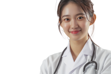 Portrait of smiling female doctor in white coat with stethoscope Isolated on transparent background.