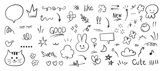 Set of pen line doodle element vector. Hand drawn doodle style collection of heart, arrows, scribble, speech bubble, star, bird, words. 