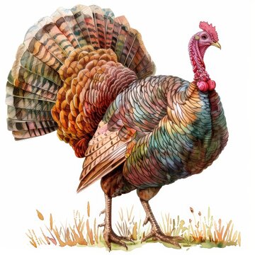 Vibrant watercolor illustration of a turkey with a full feather display, commonly associated with Thanksgiving celebrations, isolated on a white background
