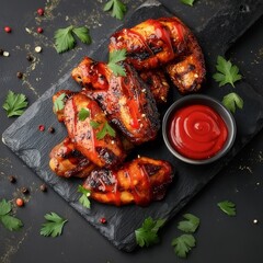 Grilled Chicken Wings With Ketchup on a Slate Board
