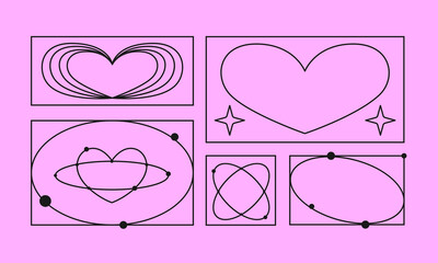 Set of abstract geometric shapes and hearts. Retro futuristic elements in brutalism style. Outline vector illustration with cyberpunk wireframes