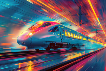 Dynamic high-speed train in motion. Futuristic railway transportation concept artwork for modern travel and technology themes