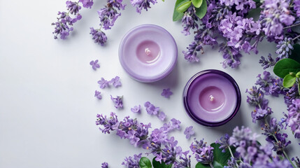 Obraz na płótnie Canvas Two jars of purple aromatic candles surrounded by lavender flowers and lilac bush on white background with copy space. Flat lay composition.