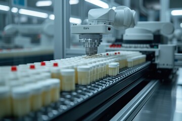 Precise robotic arms handling multiple bottles in a sterile production line environment