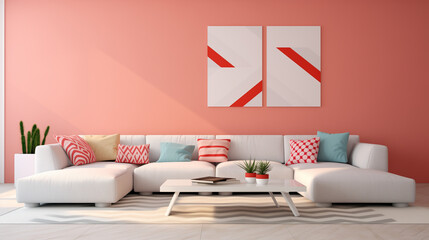 Chic Living Room with Coral Walls, White Sectional Sofa, and Modern Artwork