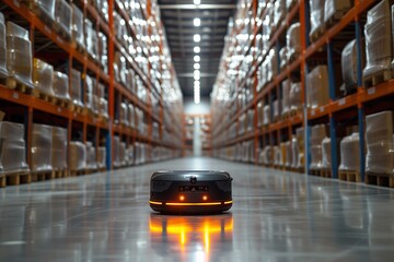 A modern warehouse with an autonomous robotic vehicle using sensors to navigate stacked aisles - obrazy, fototapety, plakaty
