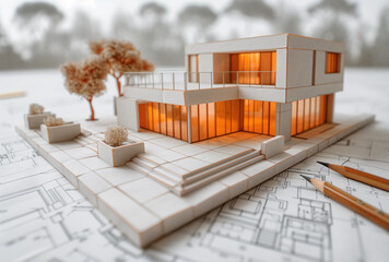 Architekturmodell eines energieeffizienten Hauses mit Bauplänen und warmem Licht, Immobilien Konzept
