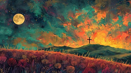 A surreal painting depicting a person's silhouette near a cross in a vibrant, flower-filled field under a fiery sunset.
