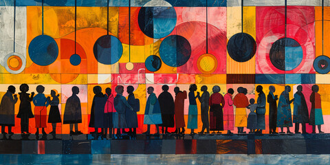 Silhouette of people in a vibrant abstract cityscape. Mixed media painting expressing diversity and community in urban life