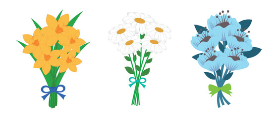 Bouquets of flowers. A bouquet of garden flowers, a bouquet of daisies, daffodils, and peonies. Vector set of floral decoration. Suitable for March 8, Mothers Day, invitations, greeting cards.