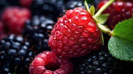 Fotobehang Close up of fresh red strawberries and fresh grapes in copy space © Fajar