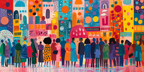 Silhouette of people in a vibrant abstract cityscape. Mixed media painting expressing diversity and community in urban life - obrazy, fototapety, plakaty