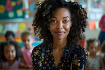 black african american female teacher, teaching early childhood eduction in a class - Powered by Adobe