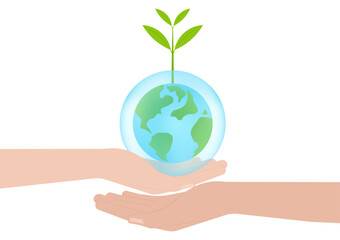 Save Water or Save the World Concept. Hand Holding Drop of Water and World. World Water Day and Environment day. Vector Illustration.