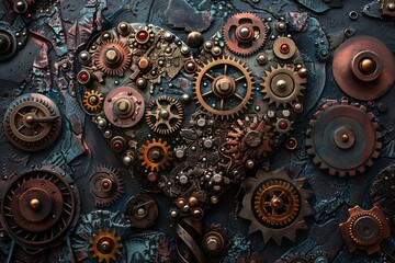 Close up view of a maze of gears and cogs intricately intertwined to form a heart shape. Generative AI