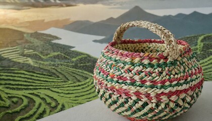 basket with easter eggs,Baskets made from natural fibers are often praised for their eco-friendly aspects, as they use renewable resources and are biodegradable - obrazy, fototapety, plakaty