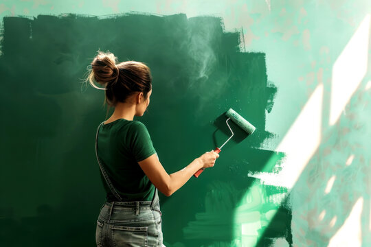 Young woman painting a wall with green paint using a paint roller