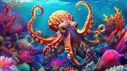 octopus with corals in the sea