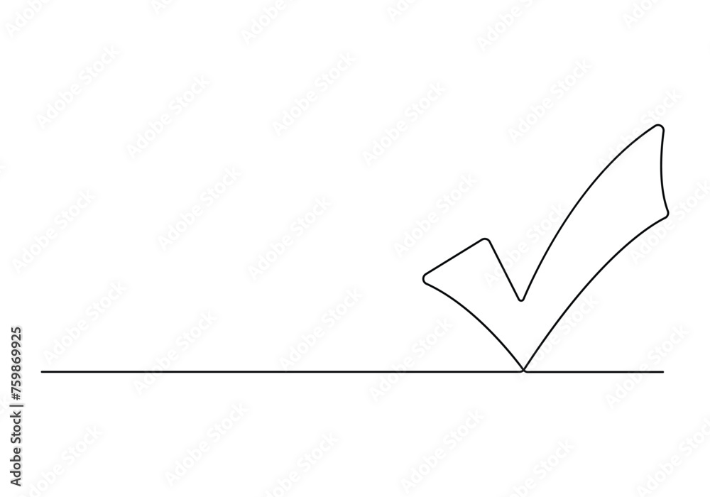 Poster one continuous line drawing check mark. approved test correct right element concept design. vector i