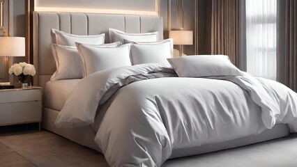 Envelop the bed in lavish, high-thread-count sheets, accompanied by plump pillows and a decadent duvet. Allow the sheets to cascade artistically, suggesting an effortless elegance 