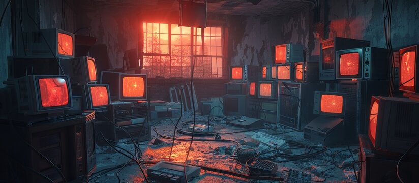 Many outdated computer monitors abandoned as a pile of garbage. Environmental problems that come from electronic waste