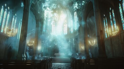 Mystical Light Illuminating a Gothic Church Interior - obrazy, fototapety, plakaty