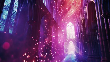 Majestic Church Interior Enveloped in Glowing Particles - obrazy, fototapety, plakaty