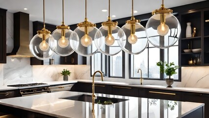 Glass Globes Ensemble: Clustered glass globe pendants with gold accents, providing a mix of modern and glamorous elements, perfect for illuminating the kitchen with a touch of opulence 