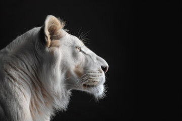 a white lion in profile against a stark black backdrop