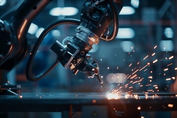 A robotic arm performs delicate welding work, sparks illuminating its precision. - obrazy, fototapety, plakaty