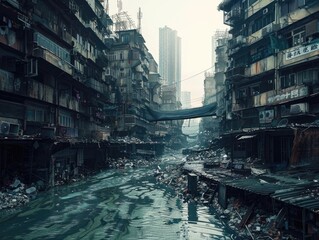 Urban Decay and Pollution in a Waterway City - obrazy, fototapety, plakaty