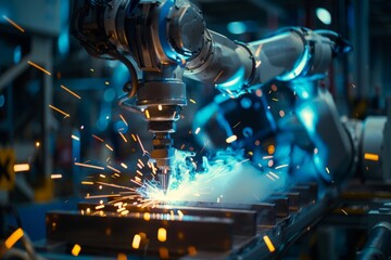 A robotic arm performs precise welding, with sparks flying around it, in a car factory workshop.
