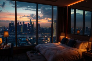 A luxurious hotel room with an expansive view of the city at night, with twinkling lights and skyscrapers visible through large windows. - obrazy, fototapety, plakaty