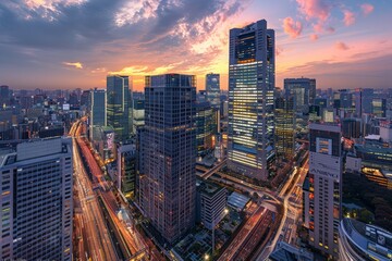A dynamic cityscape unfolds as the urban landscape transitions from day to night, with shimmering skyscrapers and bustling streets under the colorful hues of a sunset sky. - obrazy, fototapety, plakaty