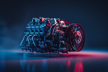 A close-up of a modern motorcycle engine resting on a reflective surface, showcasing intricate...