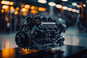 Fototapeta premium A state-of-the-art automotive engine is exhibited in this close-up view, showcasing intricate details on a tabletop.
