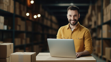 Man working on a laptop in a warehouse environment, with shelves stocked with boxes in the background